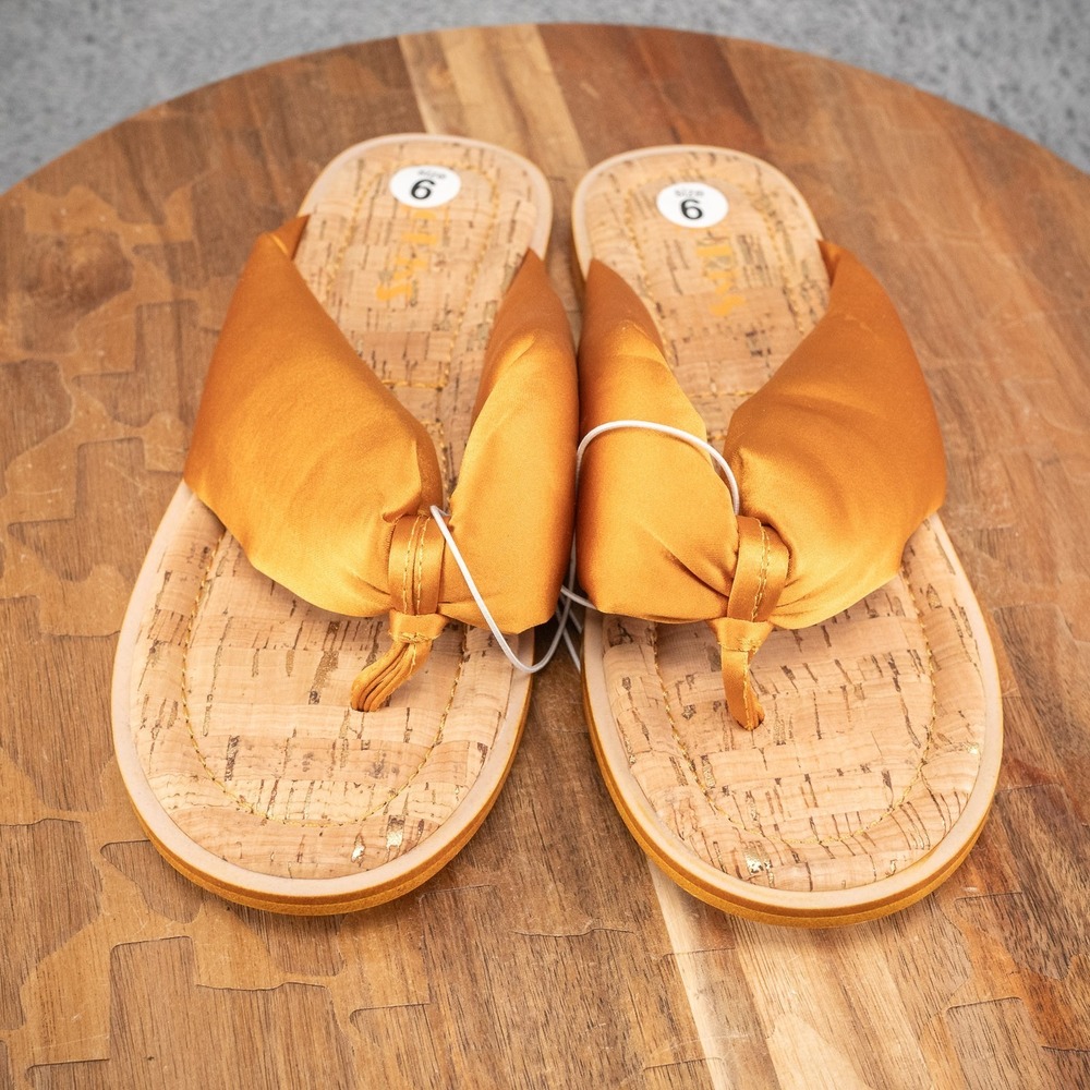 KORKS Women's Thong Slide‎ Sandals Poppy Yellow Satin Size 6 - Picture 2 of 5